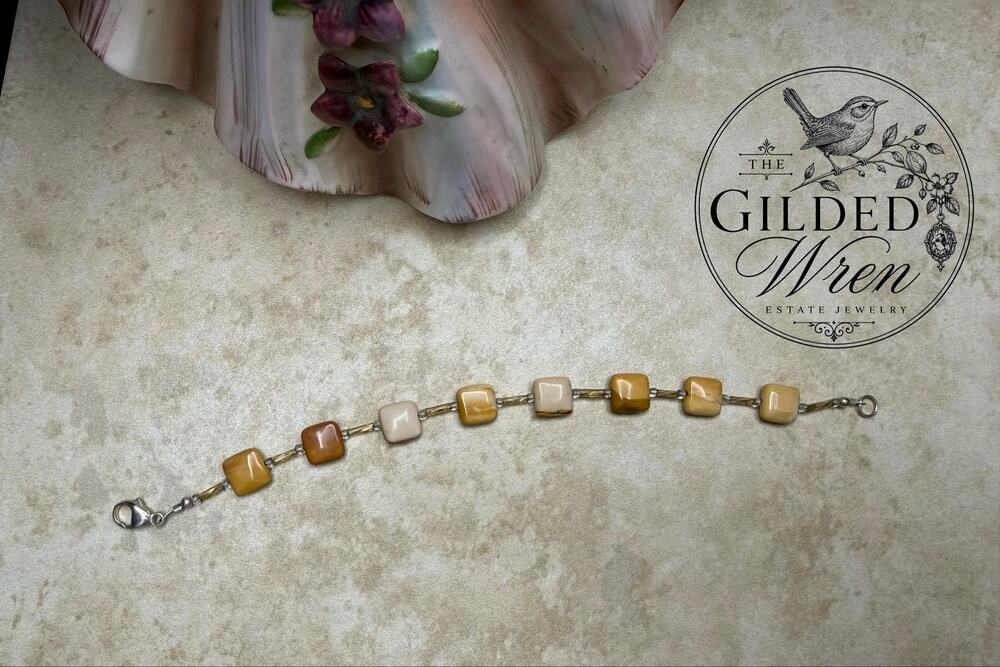 Vintage 925 Sterling Silver Mixed Jasper Earth Tone Bracelet 8” Artisan 7.24g